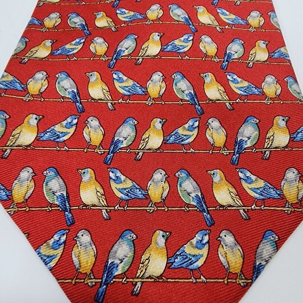 Jos A Bank Corporate Collection Tropical Bird‎ Red Silk Tie Blue Yellow USA